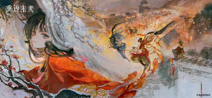 1boy, 3girls, architecture, bag, black_boots, black_hair, blue_eyes, blue_pants