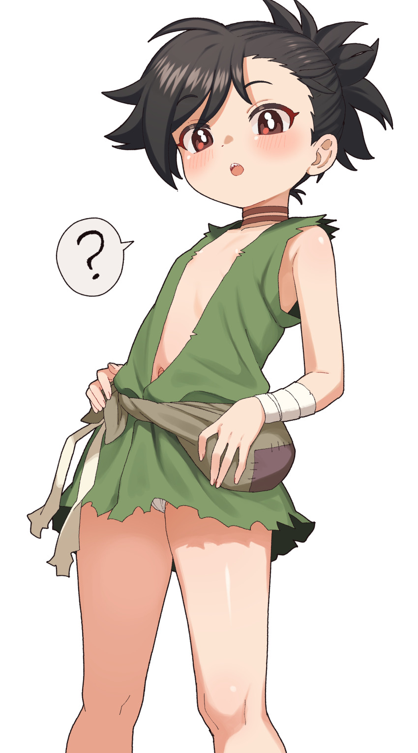 1girl, ?, absurdres, arms_at_sides, asymmetrical_bangs, bandaged_arm, bandages, bare_shoulders