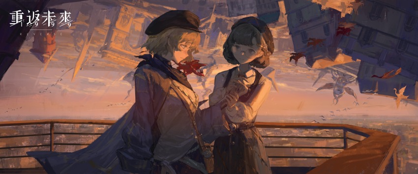 2girls, arc_de_triomphe, bag, beret, blonde_hair, blue_neckerchief, brown_bag, brown_eyes