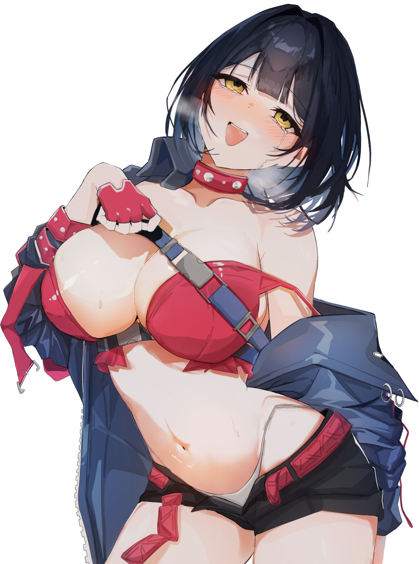 1girl, absurdres, bandeau, belt, black_hair, black_shorts, blue_jacket, blunt_bangs
