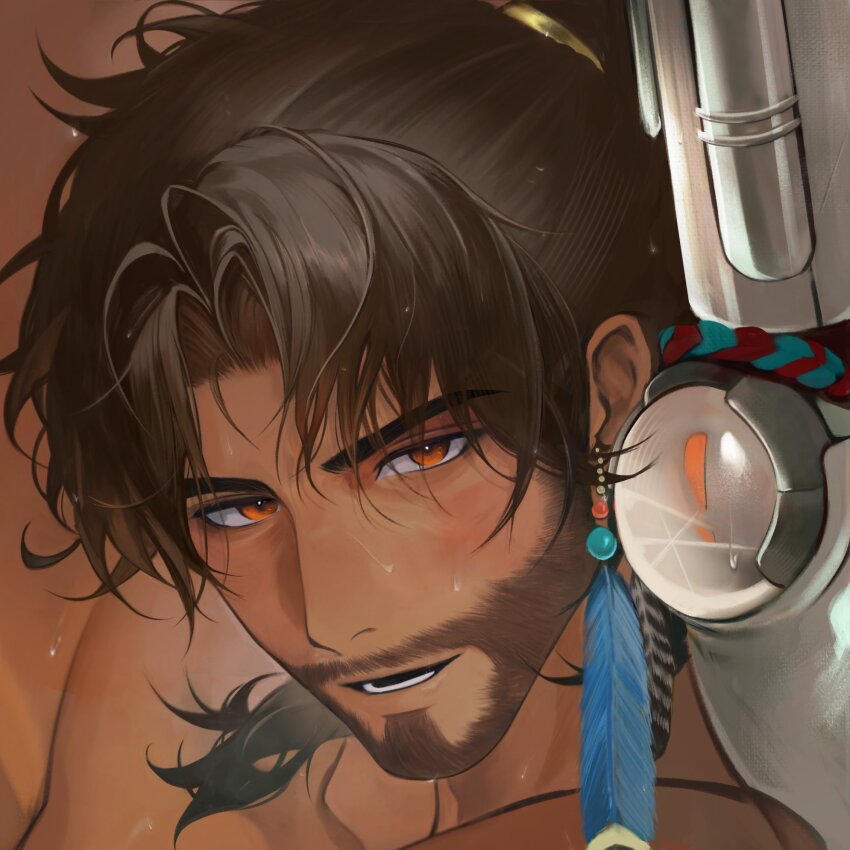 1boy, bara, beard, blush, brown_hair, commentary, english_commentary, facial_hair