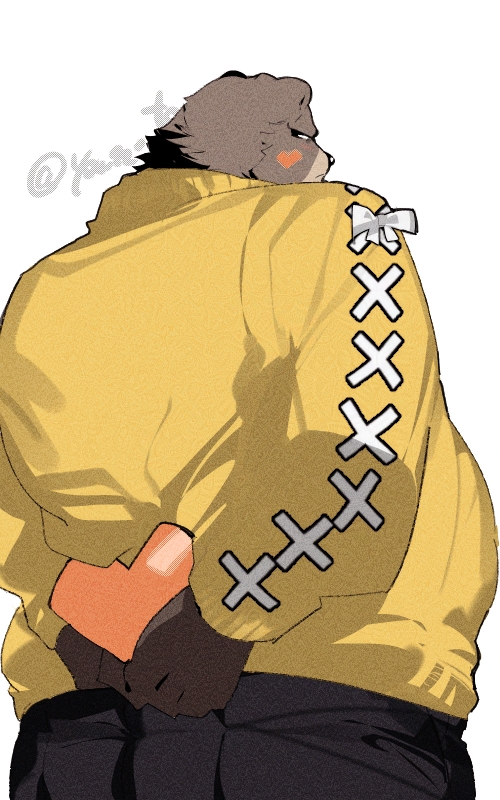 1boy, ai_manato, animal_ears, artist_name, bear_boy, bear_ears, ben_bigger, black_pants, blush, brown-fur, commentary_request, furry, furry_male, heart, holding, holding_heart, looking_to_the_side, male_focus, pants, sweater, yellow_sweater, zenless_zone_zero