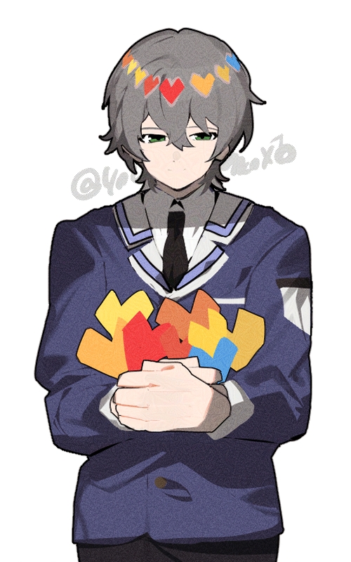 1boy, ai_manato, artist_name, blue_sweater, closed_mouth, commentary_request, grey_hair, heart, holding, holding_heart, looking_down, male_focus, smile, sweater, wise_(zenless_zone_zero), zenless_zone_zero