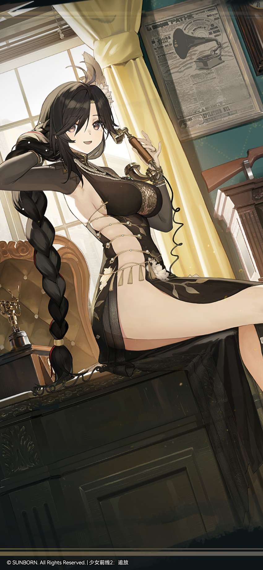 1girl, antique_phone, artist_request, black_hair, book, braid, breasts, brown_eyes