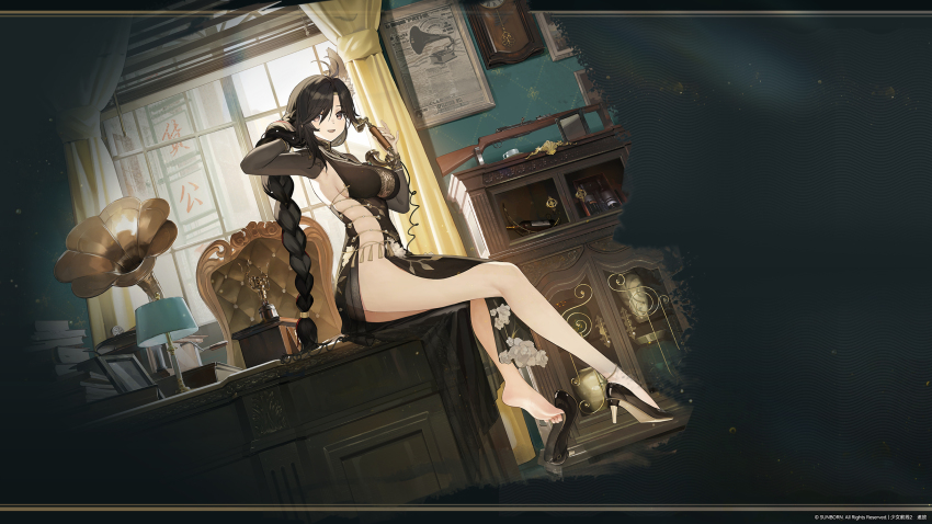 1girl, absurdres, antique_phone, artist_request, black_hair, book, braid, breasts