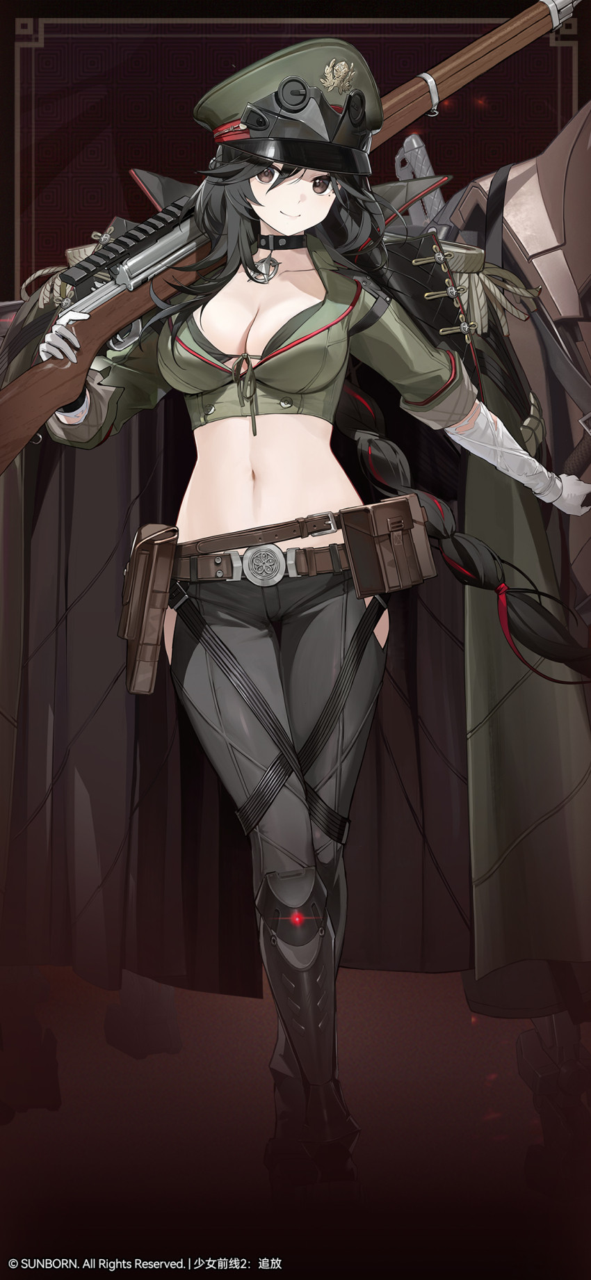 1girl, artist_request, belt, bikini, black_hair, breasts, brown_eyes, chinese_commentary, choker, cleavage, clothing_cutout, commentary_request, copyright_notice, cropped_jacket, feet_out_of_frame, front-tie_bikini_top, front-tie_top, general_liu_(girls'_frontline), general_liu_rifle, girls'_frontline, girls'_frontline_2:_exilium, gloves, gun, hat, highres, hip_vent, holding, holding_gun, holding_reins, holding_weapon, large_breasts, liushih_(girls'_frontline_2), long_hair, midriff, official_art, official_wallpaper, over_shoulder, peaked_cap, reins, robot_horse, second-party_source, smile, solo, standing, swimsuit, utility_belt, weapon, weapon_over_shoulder, white_gloves