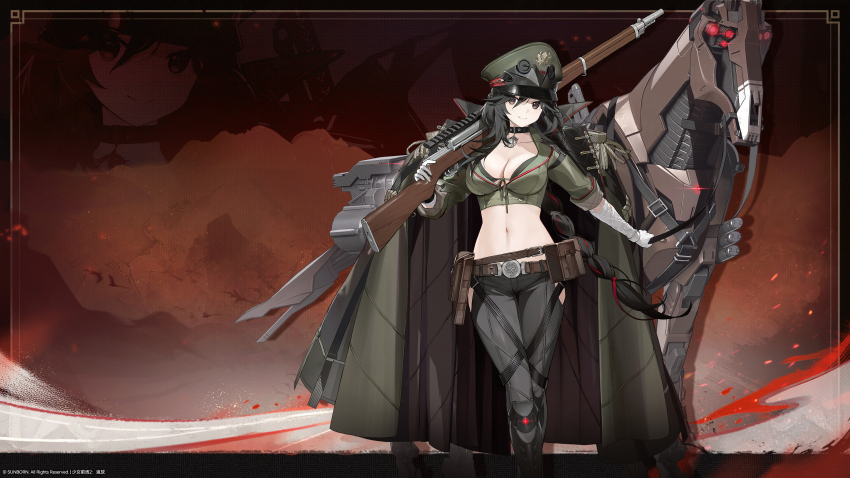 1girl, absurdres, artist_request, belt, bikini, black_hair, breasts, brown_eyes