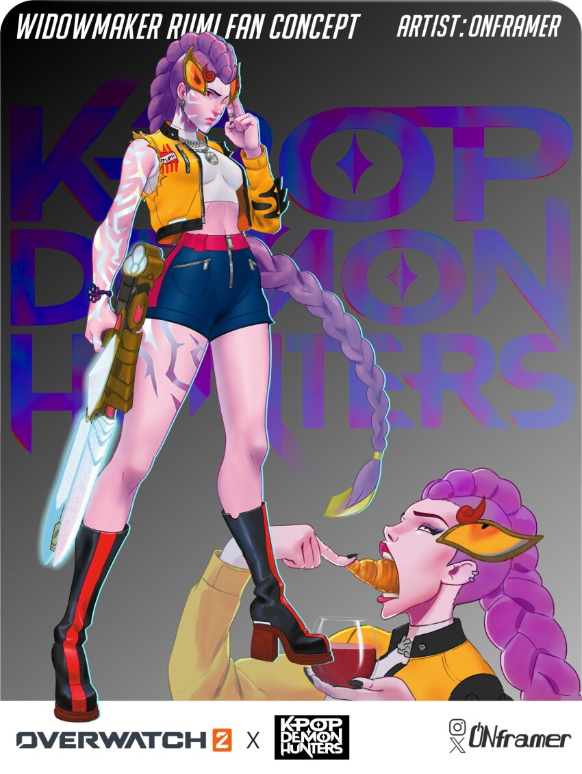 1girl, alcohol, alternate_skin_color, arm_tattoo, asymmetrical_hair, black_nails, blue_shorts, boots