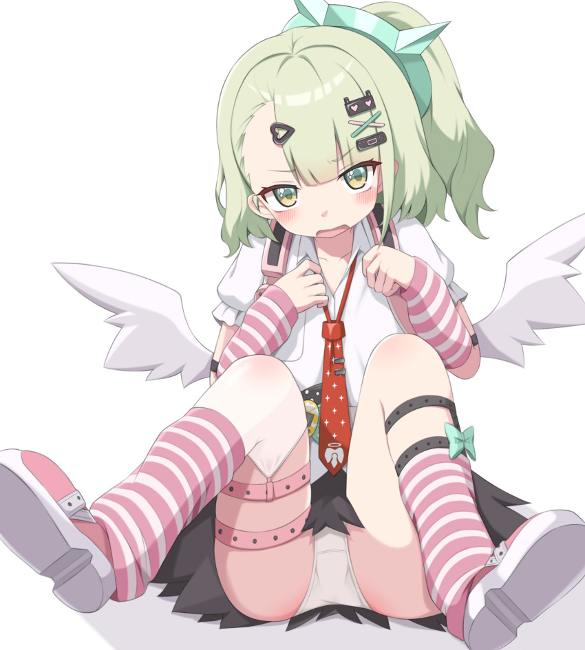 1girl, absurdres, angel_wings, arm_warmers, bandaid, bandaid_hair_ornament, black_skirt, blush