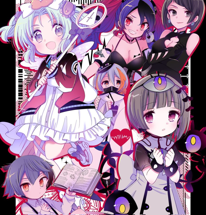 1boy, 5girls, alma_(mahoiku), black_hair, book, bow, bowtie, breasts