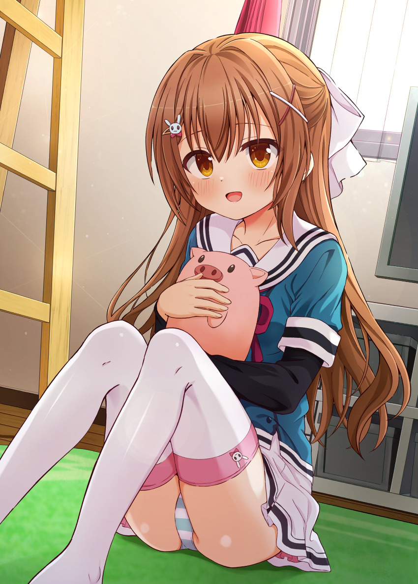 1girl, absurdres, animal_hair_ornament, animal_print, blue_shirt, blush, brown_hair, commentary_request