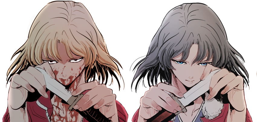 1boy, 1girl, bad_id, bad_pixiv_id, blonde_hair, blood, blue_eyes, brown_hair, foreshortening, htchinco, jacket, japanese_clothes, kara_no_kyoukai, kimono, knife, look-alike, portrait, red_eyes, red_jacket, ryougi_shiki, shirazumi_lio, short_hair, simple_background, white_background