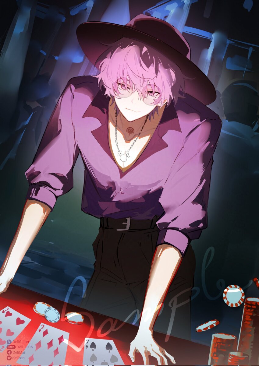 1boy, belt, black_belt, black_pants, card, closed_mouth, collared_shirt, delic_lon, glasses, hair_between_eyes, hat, highres, indoors, jewelry, leaning_forward, liu_xiao, looking_at_viewer, male_focus, necklace, pants, pink_eyes, pink_hair, playing_card, poker_chip, purple_eyes, purple_hair, purple_shirt, round_eyewear, shiguang_dailiren, shirt, short_hair, sleeves_rolled_up, smile, solo, table, tattoo