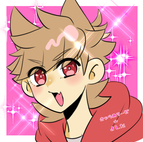 1boy, :d, animification, antenna_hair, blush, border, brown_hair, commentary_request