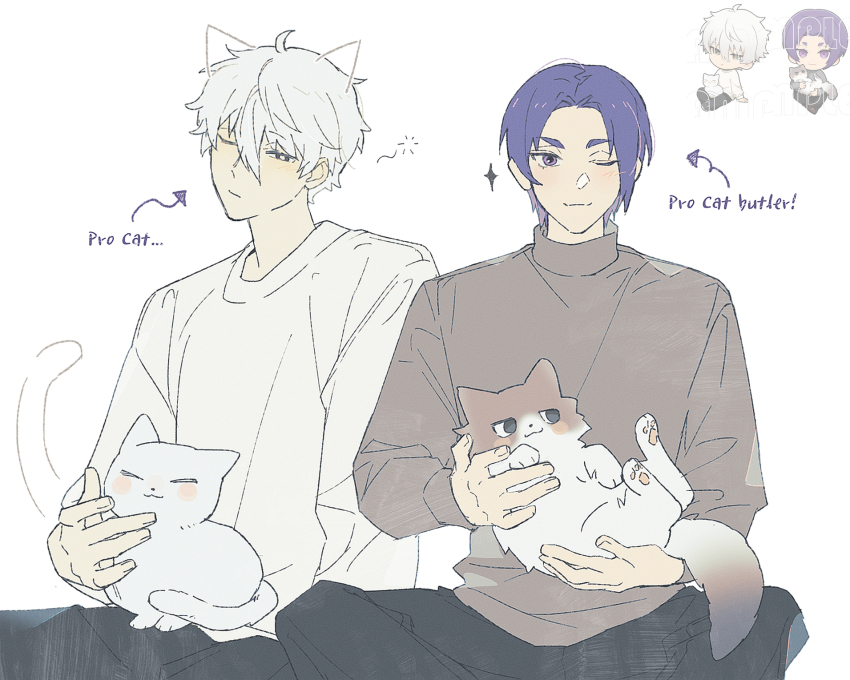 2boys, :3, animal, animal_ears, arrow_(symbol), ballro, black_eyes, black_pants, blue_lock, blush, bright_pupils, brown_shirt, brown_sweater, cat, cat_ears, cat_tail, chibi, closed_eyes, crossed_legs, english_text, highres, holding, holding_animal, holding_cat, mikage_reo, multiple_boys, nagi_seishirou, one_eye_closed, pants, purple_eyes, purple_hair, shirt, short_hair, sitting, sleepy, sparkle, sweater, tail, white_background, white_cat, white_hair, white_pupils, white_shirt, white_sweater, yaoi