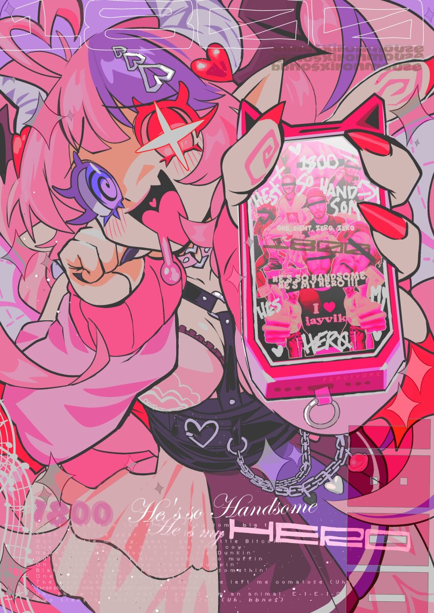 1-800_(bbno$), 1girl, @_@, absurdres, ahoge, arcane:_league_of_legends, bbno$, breasts, chain, cleavage, commentary, demon_girl, demon_horns, demon_wings, dress, english_commentary, english_text, hair_ornament, head_wings, heart, heart_ahoge, heart_hair_ornament, heterochromia, highres, holding, holding_phone, horns, indie_virtual_youtuber, ironmouse, ironmouse_(1st_costume), large_breasts, league_of_legends, long_hair, looking_at_viewer, lyrics, multicolored_hair, percivore, phone, pink_dress, pink_eyes, pink_hair, purple_eyes, purple_hair, smile, solo, streaked_hair, twintails, virtual_youtuber, wings