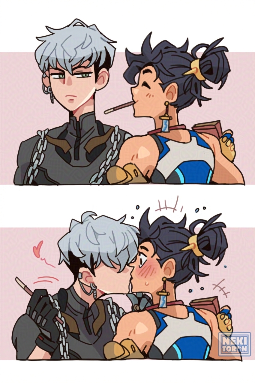 2boys, black_hair, blue_shirt, blush, box, chain, closed_eyes, closed_mouth