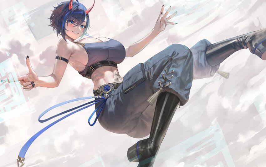 1girl, abs, absurdres, ahoge, arm_strap, ayase_yuu, ayase_yuu_(2nd_costume), bare_shoulders, belt, black_nails, black_sports_bra, blue_eyes, blue_hair, blue_pants, boots, breasts, cleavage, commentary, crop_top, english_commentary, green_nails, grin, high_heel_boots, high_heels, highres, holographic_interface, horns, huge_breasts, maro2ki3, midriff_tattoo, multicolored_hair, nail_polish, pants, phase_connect, red_horns, short_hair, sideboob, smile, solo, sports_bra, stomach, stomach_tattoo, strap_gap, streaked_hair, tattoo, virtual_youtuber