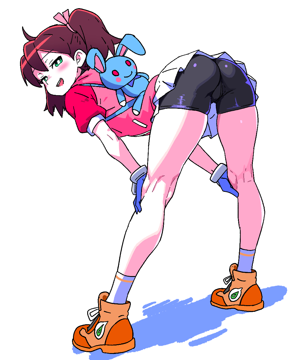 1girl, animal_bag, ass, backpack, bag, bent_over, bike_shorts, black_shorts, blue_gloves, blush, bright_pupils, brown_hair, from_behind, full_body, gloves, green_eyes, half-closed_eyes, hands_on_own_knees, jacket, kneepits, legs, long_hair, looking_at_viewer, looking_back, miniskirt, open_mouth, petite, pink_jacket, pleated_skirt, ribbon, saru_getchu, sayaka_(saru_getchu), seductive_gaze, seductive_smile, shoes, short_shorts, short_sleeves, short_twintails, shorts, shorts_under_skirt, simple_background, skirt, smile, sneakers, socks, solo, stuffed_toy, themed_object, thighs, twintails, white_background, white_pupils, white_skirt, yaki_apple