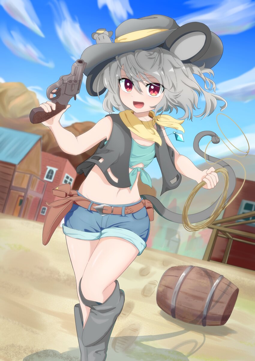 1girl, absurdres, alternate_costume, animal_ears, bandana, bandana_around_neck, barrel, belt, blue_shirt, blue_shorts, blue_sky, boots, brown_belt, cloud, commentary_request, commission, cowboy, crop_top, day, denim, footprints, grey_boots, grey_hair, grey_hat, grey_vest, guminemi, gun, handgun, hat, highres, holding, holding_gun, holding_weapon, holster, jeans, jewelry, looking_at_viewer, medium_hair, midriff, mouse_(animal), mouse_ears, mouse_girl, mouse_tail, navel, nazrin, necklace, open_mouth, pants, pendant, red_eyes, shirt, shorts, sky, smile, solo, tail, touhou, vest, weapon, western, yellow_bandana