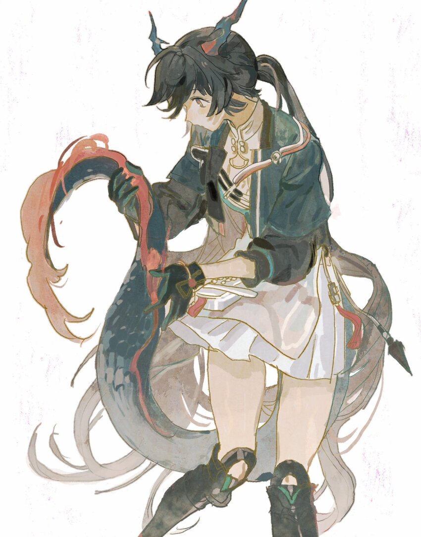 1girl, arknights, arknights:_endfield, black_hair, chen_qianyu_(arknights), commentary_request, dragon, dragon_girl, dragon_horns, dragon_tail, dress, eastern_dragon, ganyuyu11192, green_jacket, highres, horns, jacket, long_hair, ponytail, solo, standing, tail, white_dress