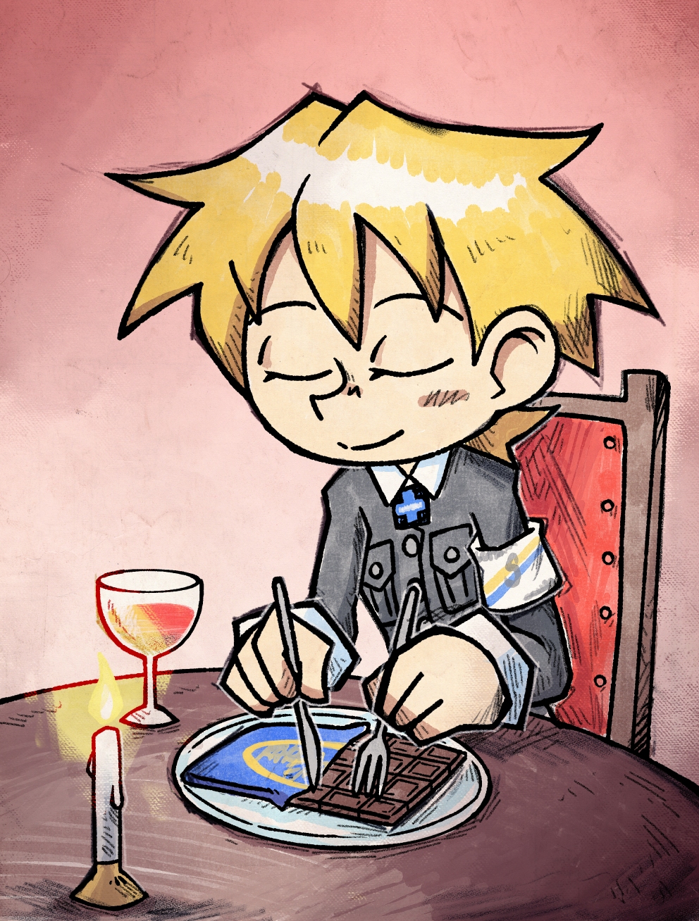 1girl, armband, black_jacket, blonde_hair, candle, candy, chocolate, chocolate_bar