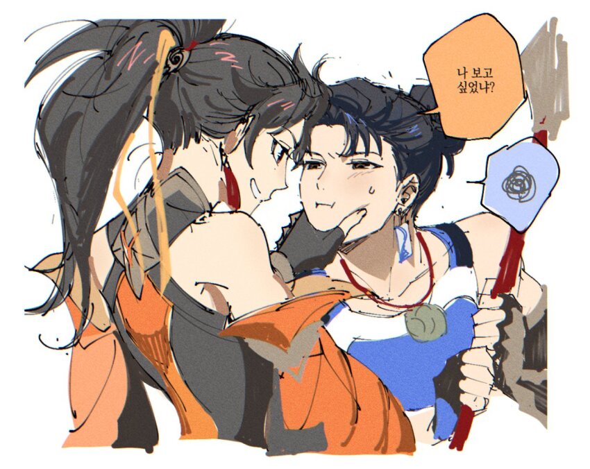 1boy, 1girl, annoyed, anran_(overwatch), black_hair, brother_and_sister, chinese_clothes, earrings