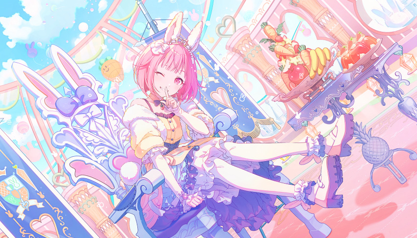 1girl, ;d, animal_ears, ankle_garter, apple, banana, blue_sky, blunt_bangs