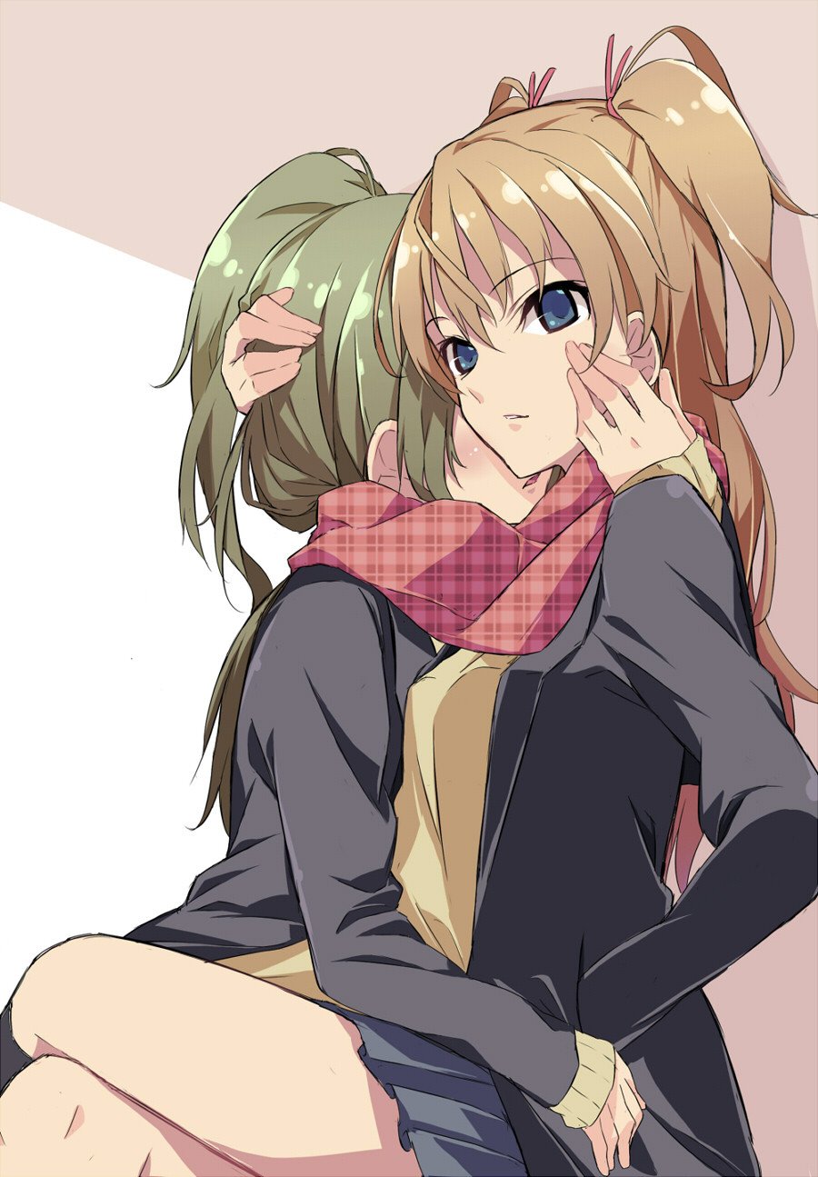 10s, 2girls, blazer, blue_eyes, blush, brown_hair, couple, female_focus