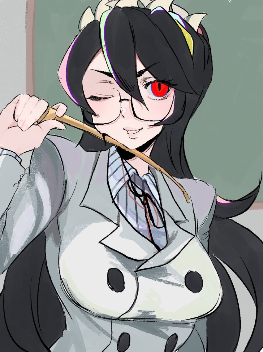 1girl, alternate_costume, black_hair, breasts, chalkboard, classroom, cosplay, filia_(skullgirls)