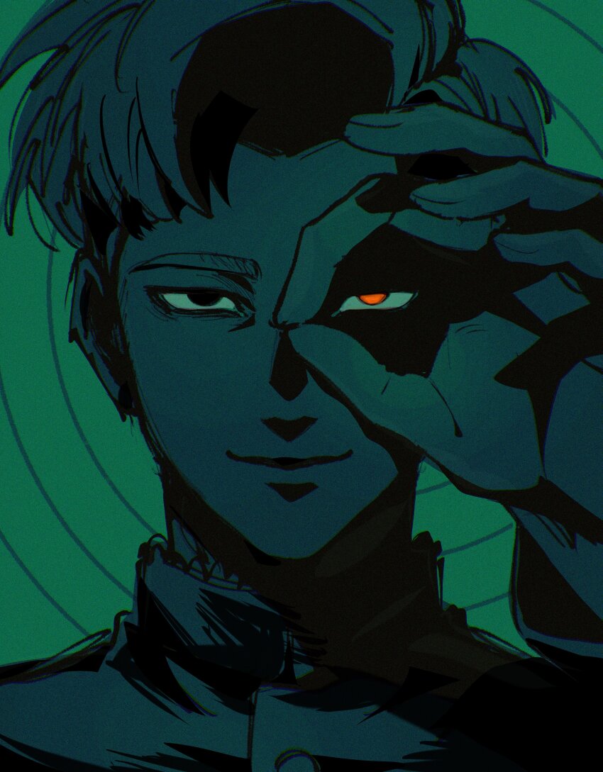 1boy, absurdres, chi.:_chikyuu_no_undou_ni_tsuite, closed_mouth, commentary, green_background, green_theme, grntr_260106, highres, jacket, light_smile, looking_at_viewer, male_focus, ok_sign, ok_sign_over_eye, orange_eyes, rafal_(chi.), short_hair, solo