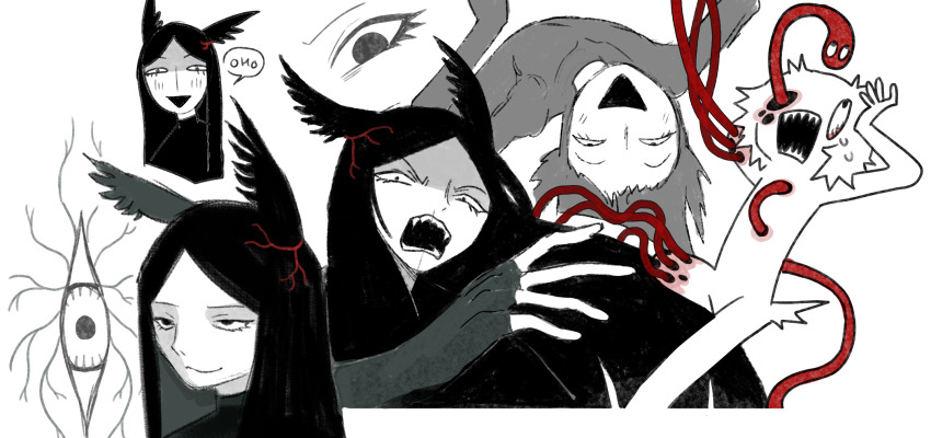 1boy, 1other, :d, amputee, animal_ears, black_hair, black_shirt, closed_mouth, filth_(jejejunum), fingerless_gloves, gloves, highres, hole_in_arm, hole_in_chest, hole_in_eye, hole_in_head, hole_on_body, jejejunum, limited_palette, long_hair, monster_boy, open_mouth, original, pest_(jejejunum), sharp_teeth, shirt, simple_background, sketch, smile, speech_bubble, teeth, trypophobia, white_background, worm