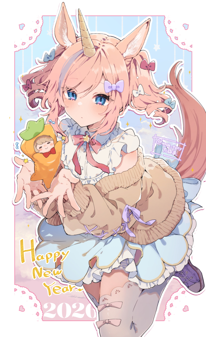 1boy, 1girl, animal_ear_fluff, animal_ears, astel_(ikeuchi_tanuma), blue_bow, blue_skirt, bow