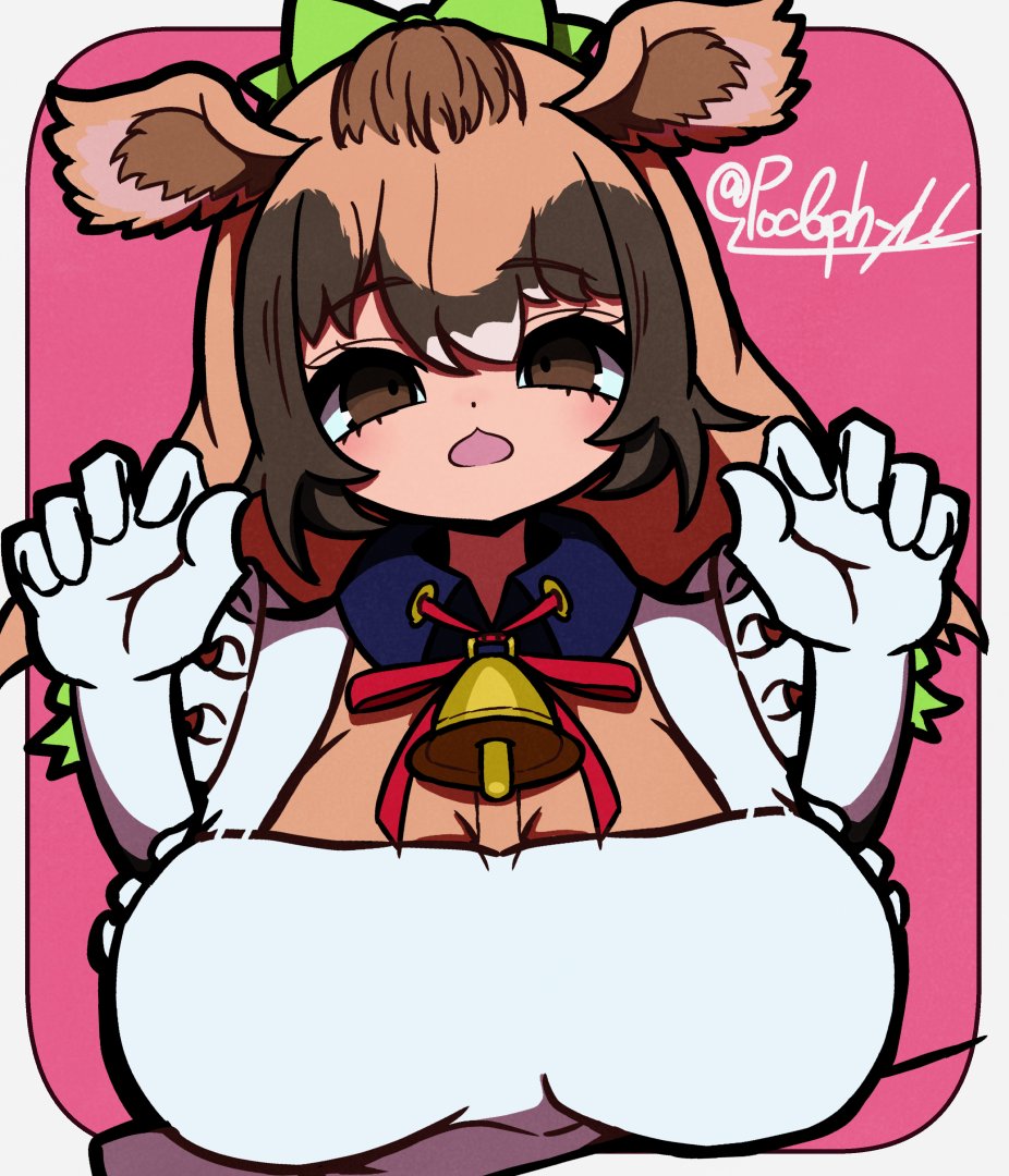1girl, animal_ears, apron, bell, breasts, brown_eyes, brown_hair, commentary_request