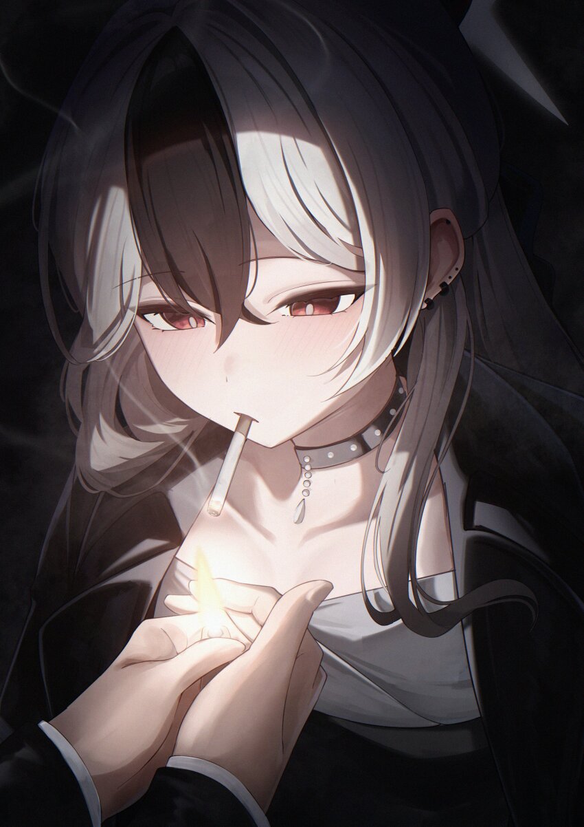 1boy, 1girl, absurdres, black_choker, black_hair, black_jacket, blue_archive, bright_pupils, choker, commentary_request, diamond_necklace, ear_piercing, fire, grey_hair, hair_between_eyes, highres, holding, holding_lighter, jacket, jacket_on_shoulders, kayoko_(blue_archive), kayoko_(dress)_(blue_archive), lighter, lighting_another's_cigarette, long_hair, multicolored_hair, official_alternate_costume, oiru_(613), piercing, red_eyes, smoke, smoking, solo_focus, studded_choker, suit_jacket, two-tone_hair, white_pupils