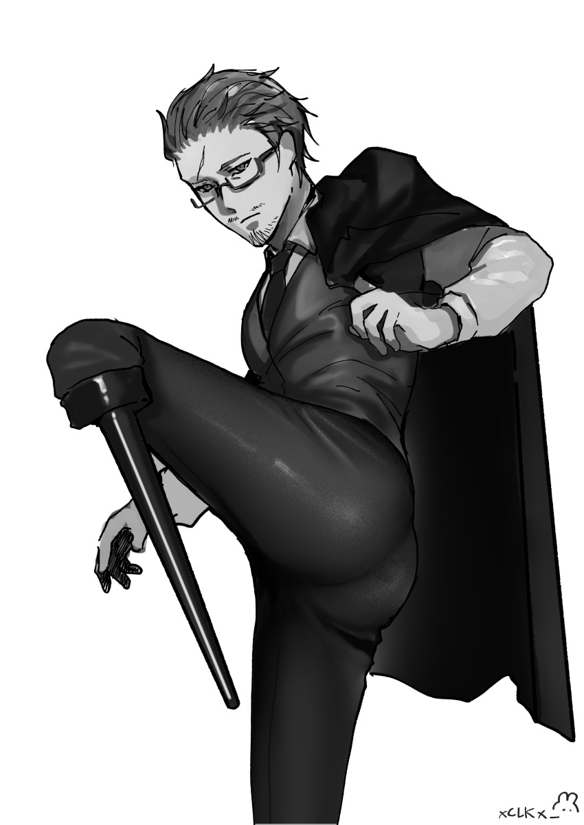 1boy, absurdres, beard_stubble, collared_shirt, facial_hair, glasses, gregor_(project_moon), greyscale