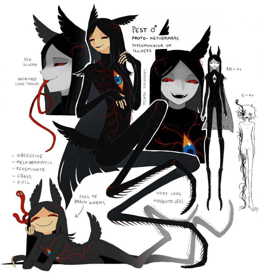1boy, 1other, :d, androgynous, animal_ears, arthropod_boy, arthropod_limbs, black_eyes, black_fur, black_tail, body_fur, colored_sclera, commentary, english_commentary, english_text, filth_(jejejunum), highres, hole_in_arm, hole_in_eye, hole_in_head, hole_on_body, jejejunum, long_tongue, lying, male_focus, mars_symbol, monster_boy, nethermare, on_stomach, open_mouth, original, parasite, pest_(jejejunum), red_sclera, reference_sheet, simple_background, smile, teeth, tongue, trypophobia, veins, white_background, worm