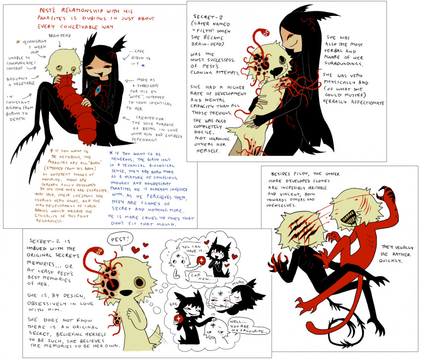 :d, :o, amputee, androgynous, arthropod_limbs, attack, black_eyes, black_fur, black_hair, black_tail, blood, body_fur, bug, clone, closed_mouth, colored_sclera, colored_teeth, creature, drooling, faceless, fang, filth_(jejejunum), guro, heart, highres, holding, holding_creature, hole_in_arm, hole_in_face, hole_in_leg, holes, hug, information_sheet, injury, jejejunum, monster_boy, no_eyes, open_mouth, original, parasite, pest_(jejejunum), scratches, smile, tail, tail_wagging, trypophobia, veins, violence, worm, yellow_fur, yellow_sclera, yellow_tail, yellow_teeth