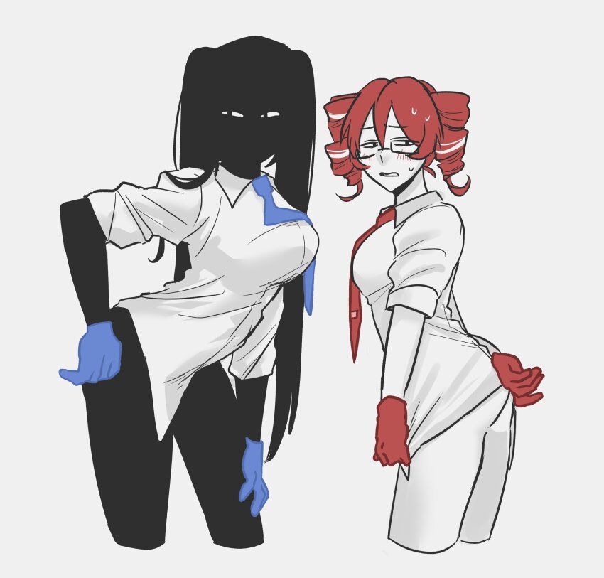 2girls, absurdres, another_cup_(synthesizer_v), black_skin, blue_gloves, blue_necktie, breasts, colored_skin, covering_ass, covering_privates, cowboy_shot, drill_hair, gloves, hashtag-only_commentary, hatsune_miku, highres, kasane_teto, kasane_teto_(sv), kyoufkttp_9, medium_breasts, multicolored_hair, multiple_girls, narrowed_eyes, necktie, red_gloves, red_hair, shirt, simple_background, streaked_hair, synthesizer_v, tie_clip, twin_drills, twintails, utau, vocaloid, white_background, white_shirt