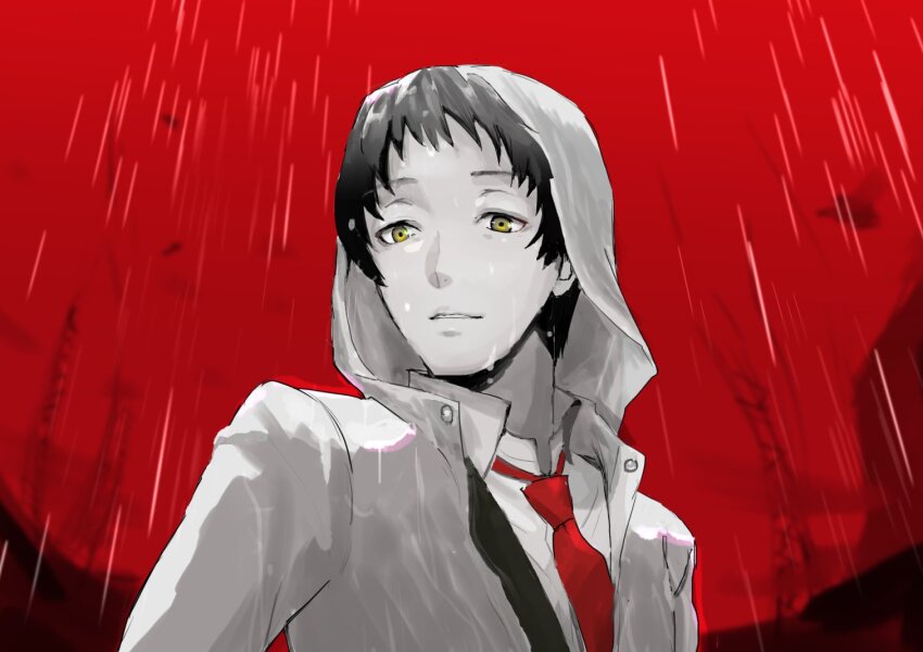 1boy, adachi_tooru, ajirostudio, collared_shirt, commentary_request, greyscale_with_colored_background, hood, hood_up