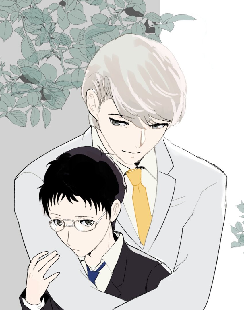 2boys, adachi_tooru, age_difference, aged_down, ajirostudio, black_hair, blue_necktie, closed_mouth