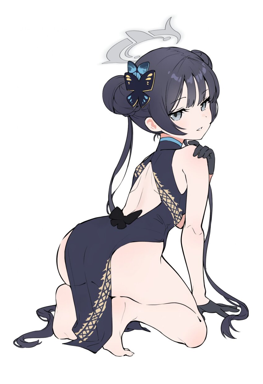1girl, admiralkeyes, bare_shoulders, black_butterfly, black_gloves, black_hair, blue_archive, blue_butterfly, bug, butterfly, butterfly_hair_ornament, china_dress, chinese_clothes, commentary, double_bun, dress, gloves, grey_eyes, grey_halo, hair_bun, hair_ornament, halo, hand_on_own_shoulder, highres, insect, kisaki_(blue_archive), loli, long_hair, side_slit, simple_background, solo, squatting, twintails, untranslatable_commentary, very_long_hair, white_background