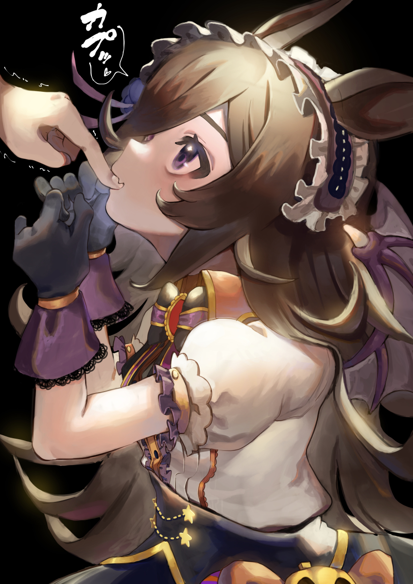 1girl, 1other, absurdres, animal_ears, black_background, black_gloves, black_skirt, bow, brown_hair, commentary_request, fang, finger_in_another's_mouth, flipped_hair, frilled_hairband, frills, gloves, hair_over_one_eye, hairband, hands_up, highres, horse_ears, horse_girl, kurehalxxx, long_hair, official_alternate_costume, puffy_short_sleeves, puffy_sleeves, purple_eyes, rice_shower_(umamusume), rice_shower_(vampire_makeover!)_(umamusume), shirt, short_sleeves, simple_background, skin_fang, skirt, umamusume, upper_body, white_shirt, wings