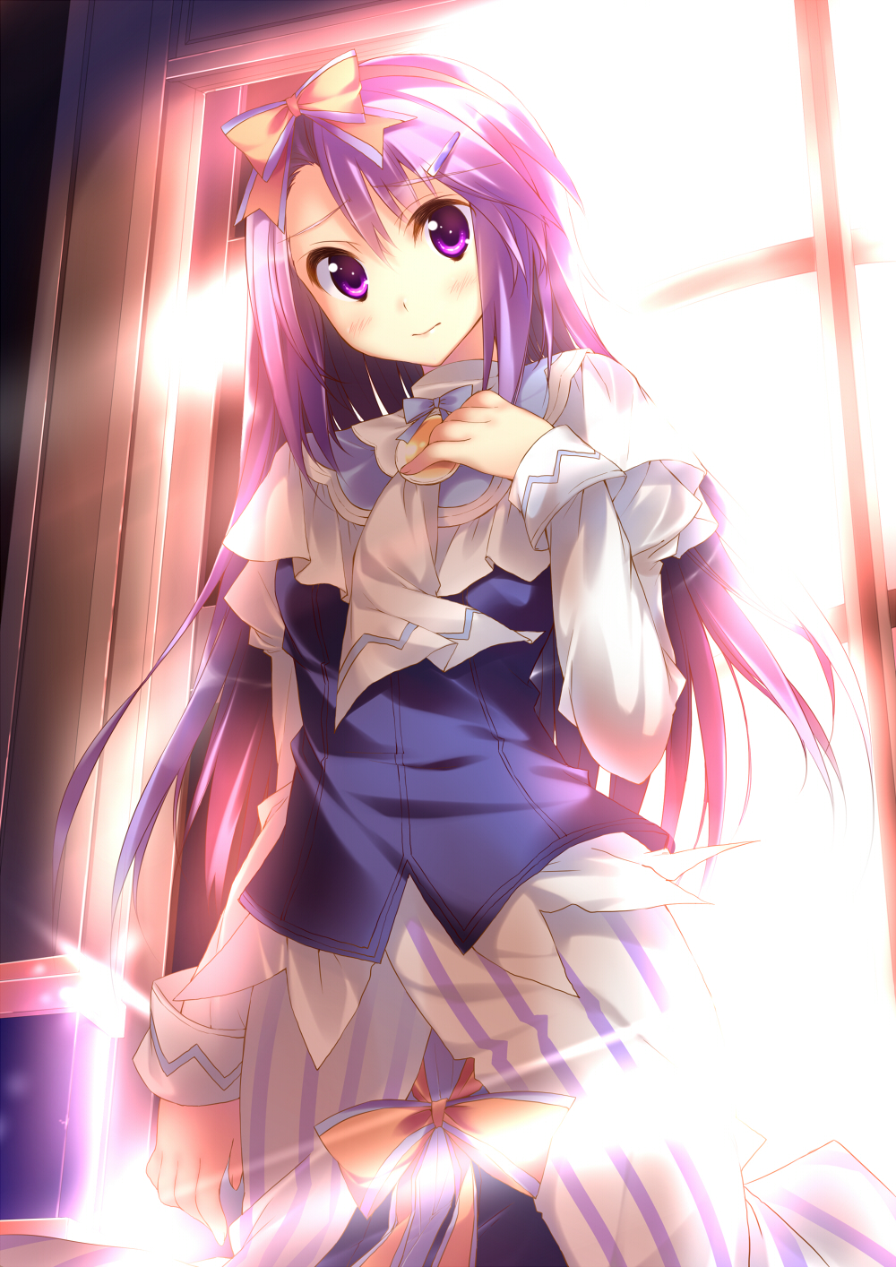 1girl, female_focus, hair_ornament, hair_ribbon, hairclip, hand_on_own_chest, harvest_moon, highres