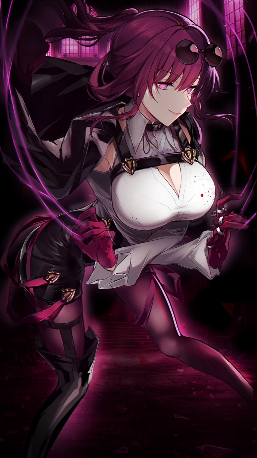 1girl, belt, black_belt, black_jacket, black_shorts, black_thighhighs, blood, blood_on_clothes, breasts, chest_belt, chest_harness, cleavage, closed_mouth, collared_shirt, commentary, criss-crossed_composition, crossed_arms, eyewear_on_head, floating_clothes, floating_hair, glasses, gloves, hair_between_eyes, harness, high-waist_shorts, highres, honkai:_star_rail, honkai_(series), indoors, jacket, jacket_on_shoulders, jewelry, kafka_(honkai:_star_rail), large_breasts, leaning_forward, long_hair, long_sleeves, looking_at_viewer, multiple_rings, pantyhose, pince-nez, pink_eyes, pink_lips, purple_background, purple_gloves, purple_hair, purple_pantyhose, ring, round_eyewear, saint_laurent_paris, shirt, shorts, single_thighhigh, smile, solo, standing, string, thighhighs, very_long_hair, white_shirt, window