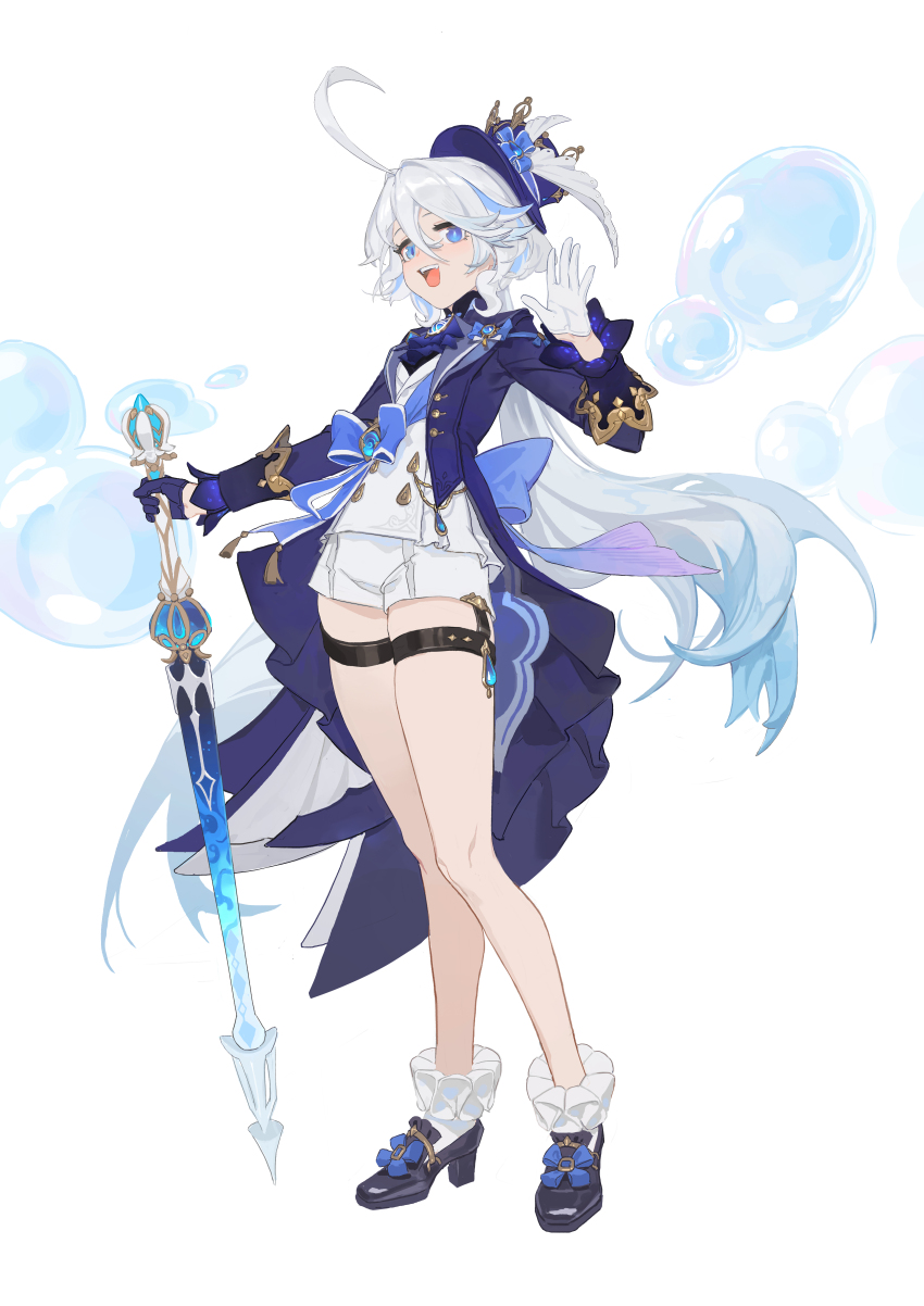 1girl, :d, absurdres, ahoge, ankle_socks, arm_up, asymmetrical_gloves, back_bow, bare_legs, black_gloves, black_shoes, block_heels, blue_bow, blue_eyes, blue_hair, blue_hat, blue_jacket, blue_streaks, bow, bubble, chinese_commentary, commentary_request, dorothyshan, double-parted_bangs, drop-shaped_pupils, footwear_bow, frilled_socks, frills, full_body, furina_(genshin_impact), garter_straps, genshin_impact, gloves, hair_between_eyes, half_gloves, hat, hat_bow, hat_ornament, high_collar, highres, holding, holding_sword, holding_weapon, jacket, legs, long_hair, long_hair_between_eyes, long_sleeves, looking_at_viewer, low_ponytail, mismatched_gloves, mismatched_pupils, multi-source_commentary, multicolored_hair, open_hand, open_mouth, ouji_fashion, ponytail, shirt, shirt_bow, shoes, short_shorts, shorts, simple_background, single_garter_strap, sleeve_cuffs, smile, socks, solo, splendor_of_tranquil_waters_(genshin_impact), standing, sword, symbol-shaped_pupils, teeth, thigh_strap, top_hat, two-tone_hair, upper_teeth_only, very_long_hair, vision_(genshin_impact), waving, weapon, white_background, white_gloves, white_hair, white_shirt, white_shorts, white_socks