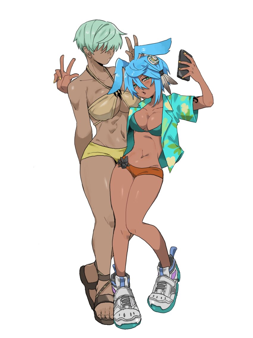 2girls, absurdres, animal_ears, arm_around_another's_back, arm_tattoo, bikini, bikini_under_clothes, blue_hair, blush_stickers, breasts, closed_mouth, collarbone, commentary, dark-skinned_female, dark_skin, deep_blue_(ff14), feather_hair_ornament, feathers, final_fantasy, final_fantasy_xiv, floral_print_shirt, full_body, genderswap, genderswap_(mtf), green_eyes, green_hair, hair_between_eyes, hair_ornament, hair_over_eyes, highres, holding, holding_phone, hyur, ikachan_pochan, large_breasts, multiple_girls, nail_polish, navel, open_clothes, open_mouth, open_shirt, phone, rabbit_ears, rabbit_girl, red_hot_(ff14), sandals, selfie, shoes, short_hair, short_sleeves, simple_background, stomach, swimsuit, taking_picture, tattoo, viera, w, white_background, yellow_nails