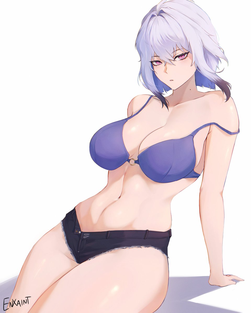 1girl, arm_support, bare_shoulders, bikini, bikini_top_only, black_hair, black_shorts, blue_bikini