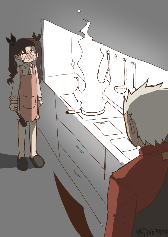 1boy, 1girl, :<, apron, archer_(fate), black_bodysuit, black_ribbon, black_slippers, blank_eyes, blush, bodysuit, brown_hair, burning, buttons, chest_of_drawers, chocolate_making_disaster_(meme), clenched_hands, collared_shirt, commentary_request, cutting_board, dark-skinned_male, dark_skin, embarrassed, failure, fate/stay_night, fate_(series), fire, fish3775, floor, from_behind, frying_pan, full_body, grey_background, hair_ribbon, holding, holding_spatula, holding_sword, holding_weapon, indoors, jacket, kanshou_&amp;_bakuya_(fate), kitchen, korean_commentary, long_hair, long_sleeves, looking_at_another, meme, pink_apron, pocket, red_jacket, ribbon, shadow, shirt, short_hair, shorts, simple_background, slippers, spatula, spiked_hair, standing, sweat, sword, tohsaka_rin, twintails, twitter_username, upper_body, v-shaped_eyebrows, wavy_hair, weapon, white_hair, white_shirt, white_shorts