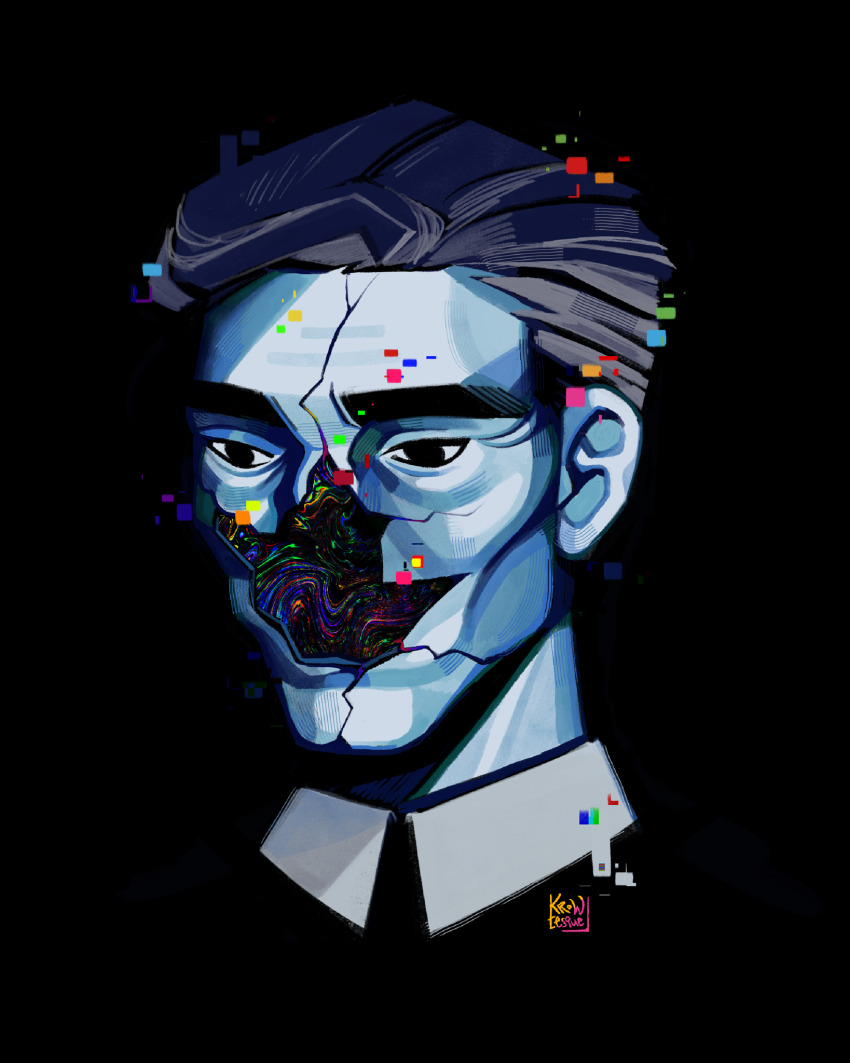 1boy, bags_under_eyes, blue_skin, cheekbones, collared_shirt, colored_skin, commentary, crow's_feet